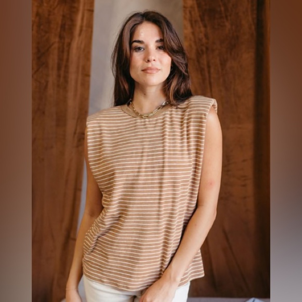 Casual Tan Camel Striped Padded Shoulder Sleeveless Tank